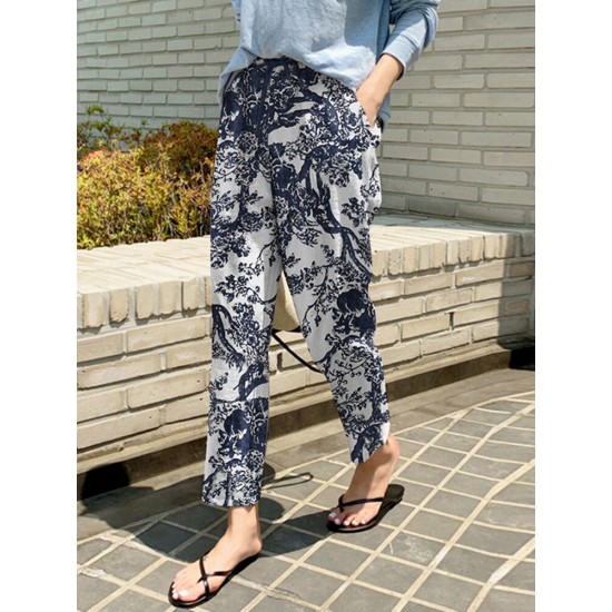 Women 100  Cotton Plants And Flowers Printing Maxi Length Pants