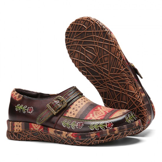  Genuine Leather Handmade Patchwork Comfy Retro Ethnic Pattern Flat Shoes