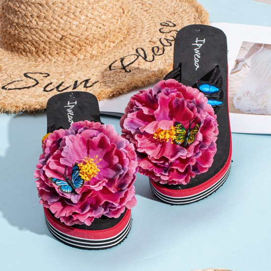 Women Flowers Butterfly Decor Clip Toe Beach Platform Slippers