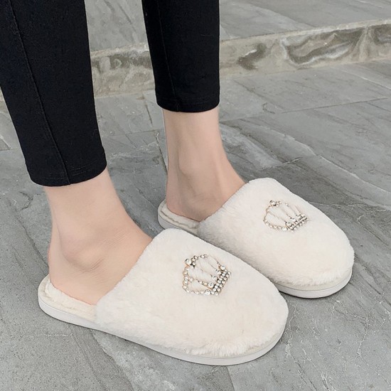 Women Casual Plush Warm Rhinestone Crown Decor Winter Indoor Slippers