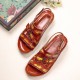  Comfy Leather Flowers Printed Retro Stripe Flat Sandals