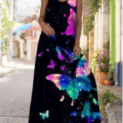 Fashionable women's black butterfly printed long dress with long sleeves HF2313-02-03