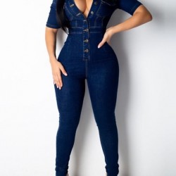 Collar Short Sleeve Buttons Bodycon Denim Jumpsuit Overalls HF2616-02-02