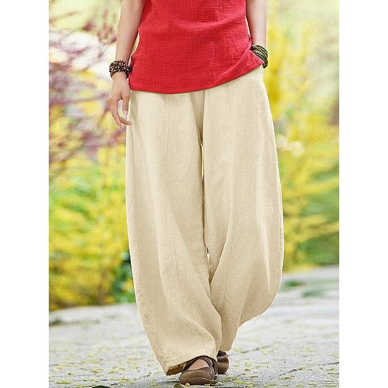 Solid Pocket Elastic Waist Cotton Casual Pants