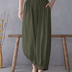 Solid Elastic Waist Drawstring Pocket Cotton Casual Pants