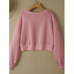Women Long Sleeve Solid Round Necked Narrow Hem Pullover Sweatshirt