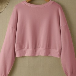 Women Long Sleeve Solid Round Necked Narrow Hem Pullover Sweatshirt