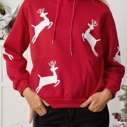 Women Christmas Printed Antler Fleece Thick Casual Hooded Sweatshirt