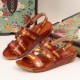  Comfy Leather Flowers Printed Retro Stripe Flat Sandals