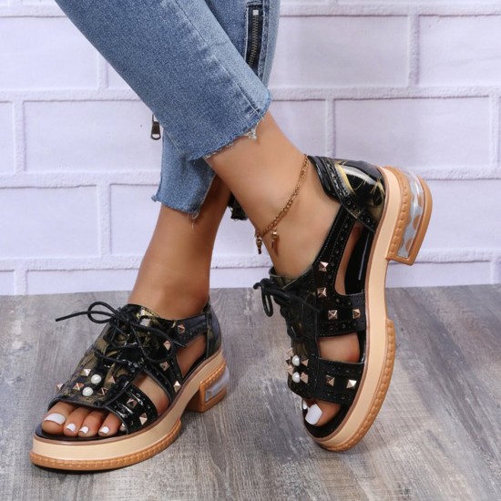 Plus Size Women Casual Fashion Rivet Decor Lace  up Sandals