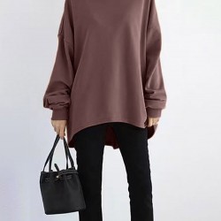 Women Loose Thick Back Fork High Low Solid Casual Pullover Sweatshirt