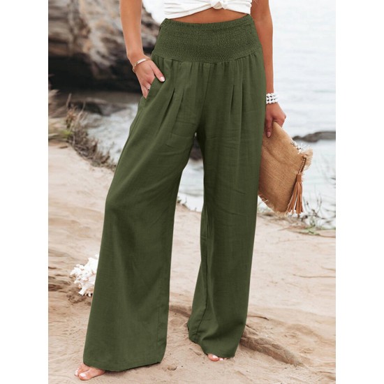 Leisure Solid Shirring Pocket Wide Leg Cotton Pants