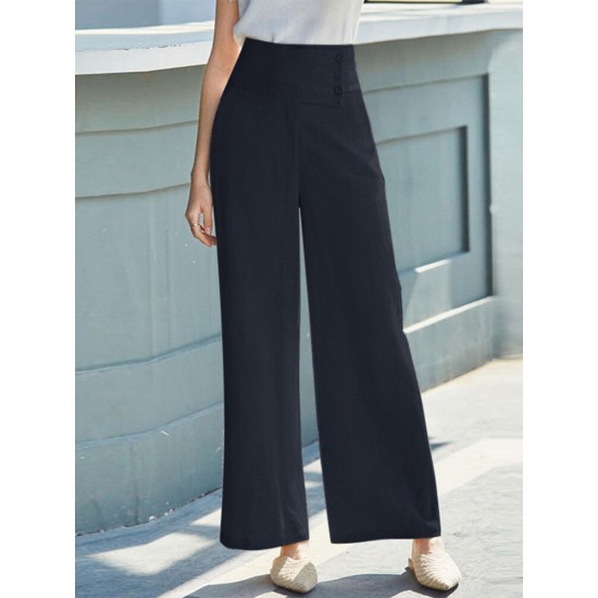 Solid Pocket Button Wide Leg High Waist Casual Pants