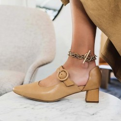 Women Elegant Pointed Toe Solid Color Ankle Buckle Strap Slip On Chunky Heel Pumps