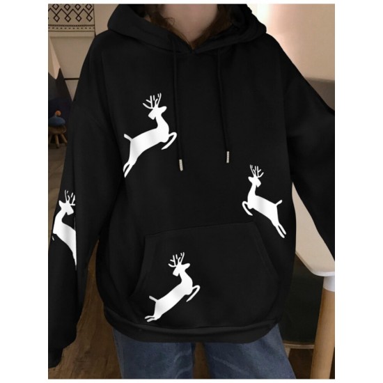 Women Christmas Printed Antler Fleece Thick Casual Hooded Sweatshirt