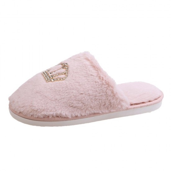 Women Casual Plush Warm Rhinestone Crown Decor Winter Indoor Slippers