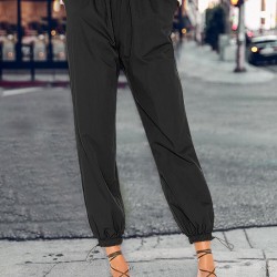 Solid Color Drawstring High Waist Elastic Casual Pants With Pockets