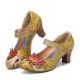 SOCOFY Butterfly Deocr Printed Cowhide Leather Hook Loop Comfy Wearable Chunky Heel Pumps