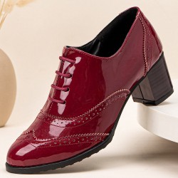 Large Size Women Lace  up Comfy Retro Glossy Oxfords Heels