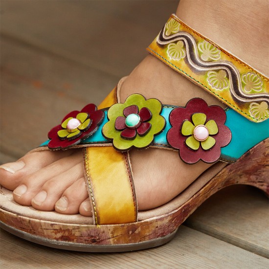  Casual Leather Floral Woodgrain Backless Comfy Chunky Heel Sandals