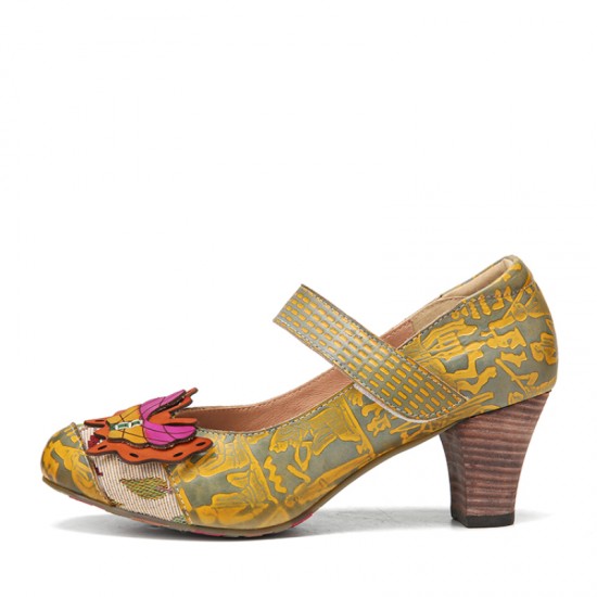 SOCOFY Butterfly Deocr Printed Cowhide Leather Hook Loop Comfy Wearable Chunky Heel Pumps