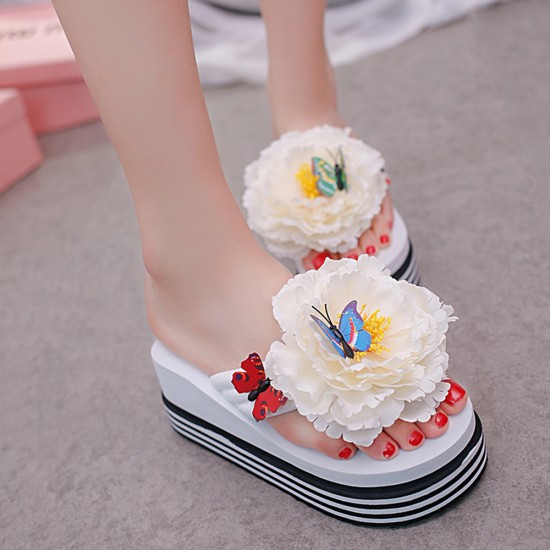 Women Flowers Butterfly Decor Clip Toe Beach Platform Slippers