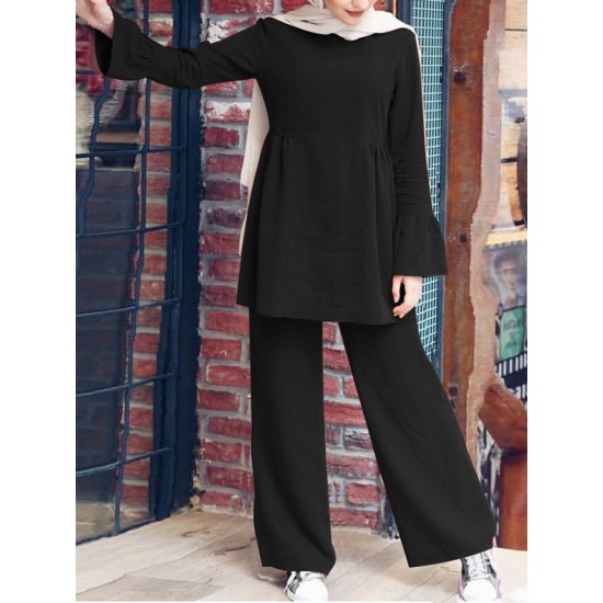 Women Solid Color Ruffle Hem Long Sleeve Top Loose Pants Casual Two  Piece Sets