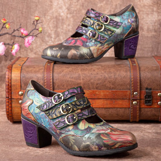  Women Retro Floral Printing Leather Comfy Hook Loop Round Toe Soft Chunky Heels