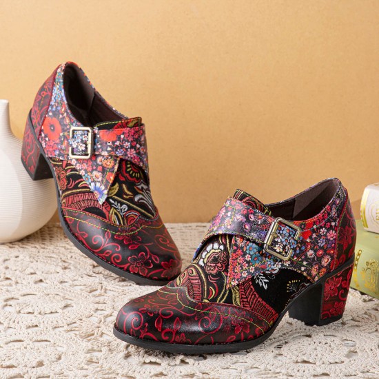  Women Retro Floral Printing Leather Soft Round Toe Sculpted Chunky Heels