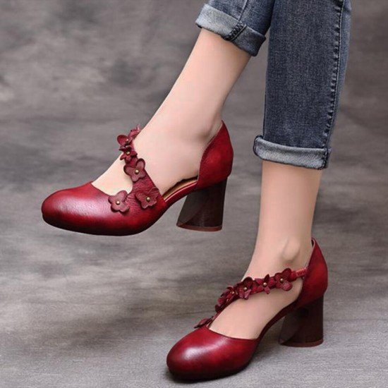 Plus Size Women Retro Date Shoes Floral Embellished Chunky High Heels