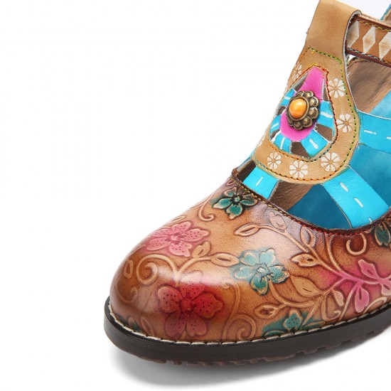  Genuine Leather Bohemian Ethnic Style Buckle Comfy Floral T  strap Heels