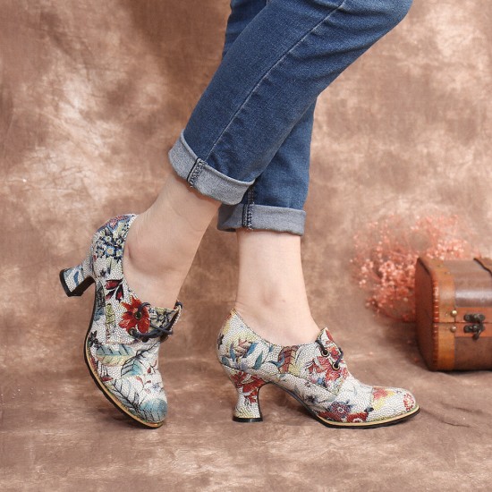 SOCOFY Fresh Natural Flowers Leaves Printed Comfy Wearable Chunky Heel Women Casual Lace Up Pumps