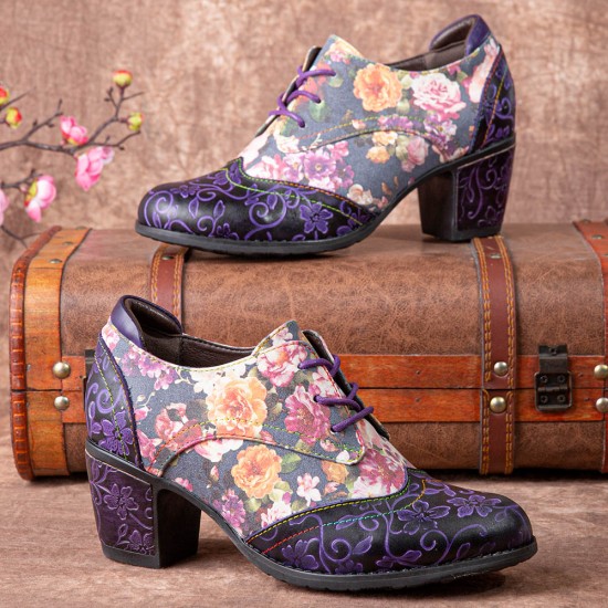  Women Retro Floral Printing Leather Splicing Soft Comfy Sculpted Chunky Heels