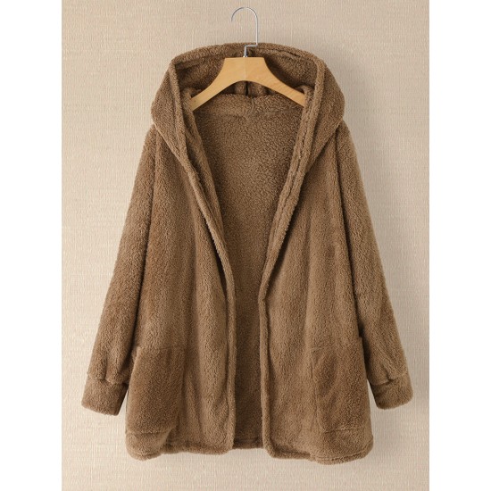 Women Plush Coat Open Front Side Pockets Casual Hooded Sweatshirt