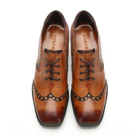  Genuine Leather Comfy Lace  up Retro Square Toe Oxfords Heels