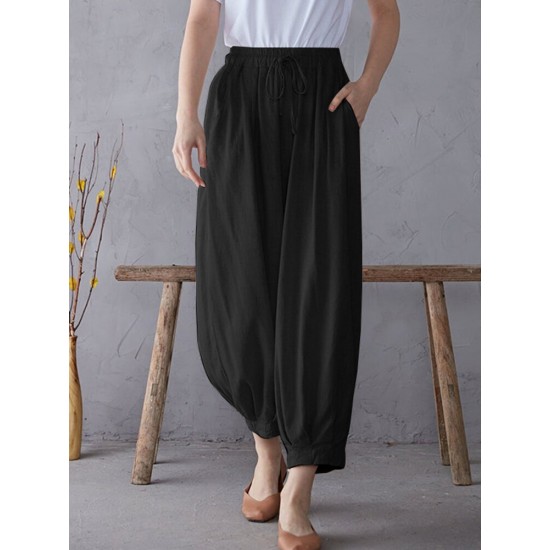 Solid Elastic Waist Drawstring Pocket Cotton Casual Pants