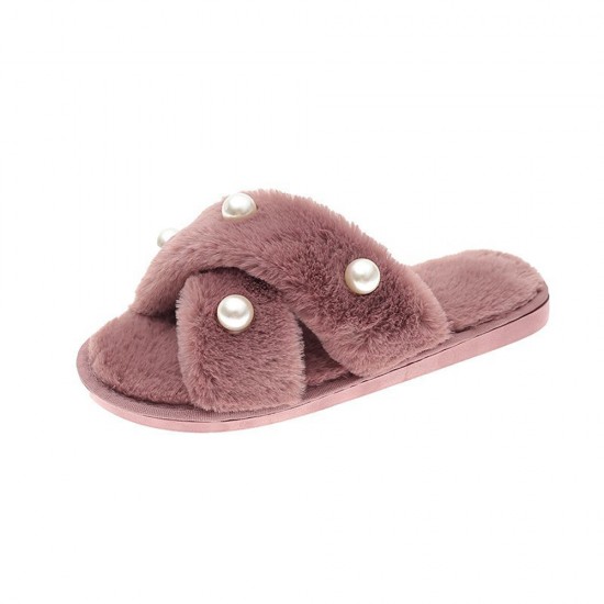 Women’s Pearl Inlay Warm Lined Casual Winter Plush Slippers