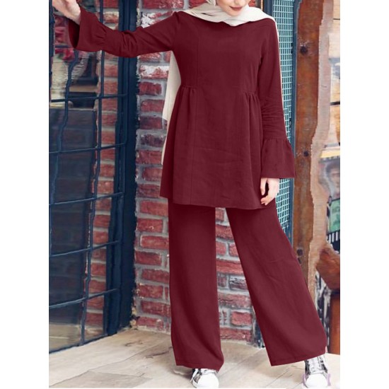 Women Solid Color Ruffle Hem Long Sleeve Top Loose Pants Casual Two  Piece Sets