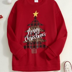 Women Christmas Tree Printed Letter Round Neck Casual Pullover Sweatshirt