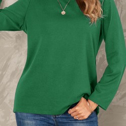 Women Solid Color Basic Designed Pleats Round  Neck Long Sleeve Casual Blouses