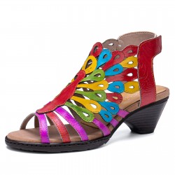  Genuine Leather Comfy Summer Vacation Bohemian Ethnic Colorblock Heeled Sandals