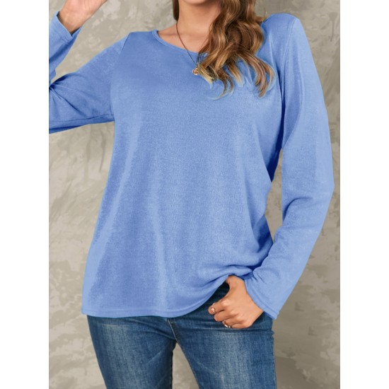 Women Solid Color Basic Designed Pleats Round  Neck Long Sleeve Casual Blouses