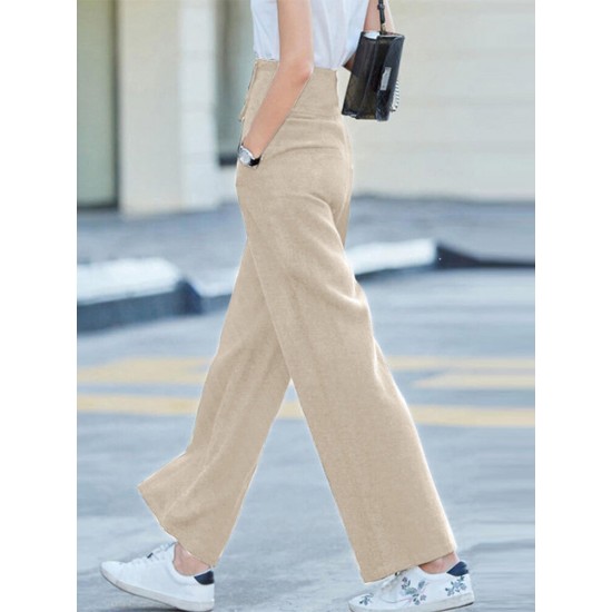 Solid Pocket Button Wide Leg High Waist Casual Pants