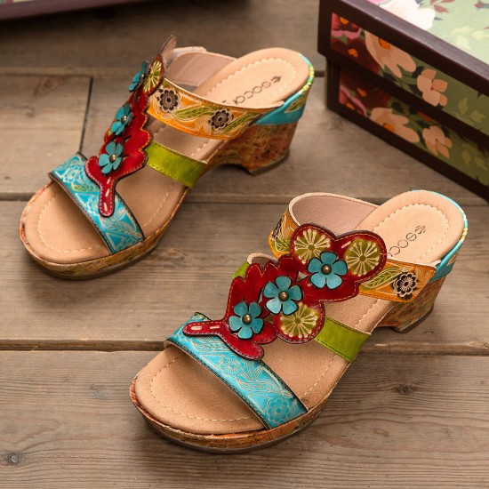  Casual Leather Floral Woodgrain Backless Comfy Chunky Heel Sandals