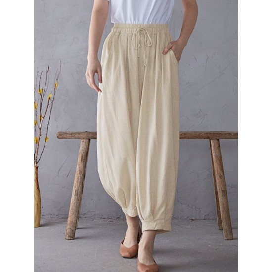 Solid Elastic Waist Drawstring Pocket Cotton Casual Pants