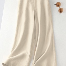 Leisure Solid Button Pocket Wide Leg Cotton Pants