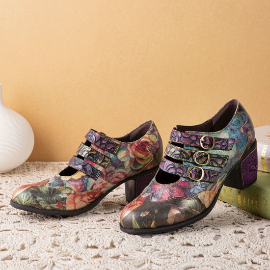  Women Retro Floral Printing Leather Comfy Hook Loop Round Toe Soft Chunky Heels