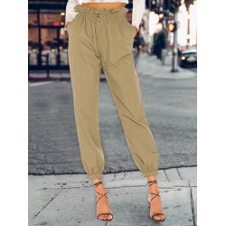 Solid Color Drawstring High Waist Elastic Casual Pants With Pockets