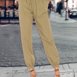 Solid Color Drawstring High Waist Elastic Casual Pants With Pockets