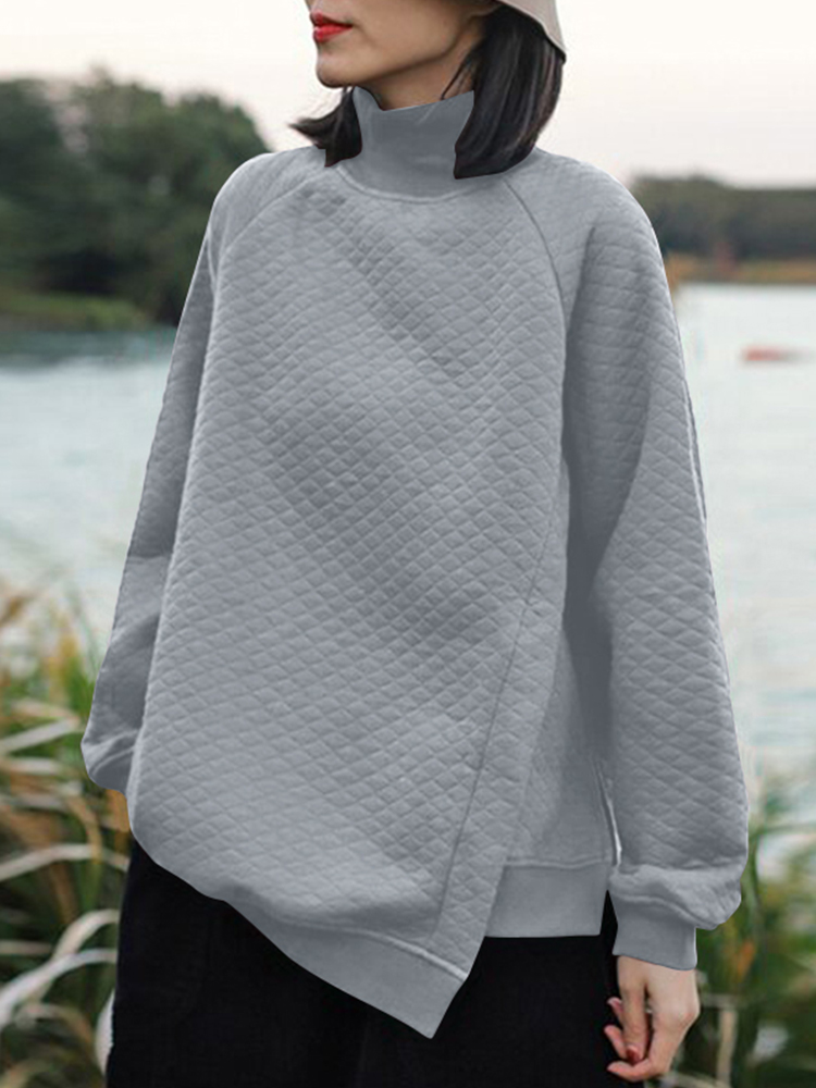Women Rhombic Turtleneck Thic Full Sleeve Spliced Irregular Hem Pullover Sweatshirt